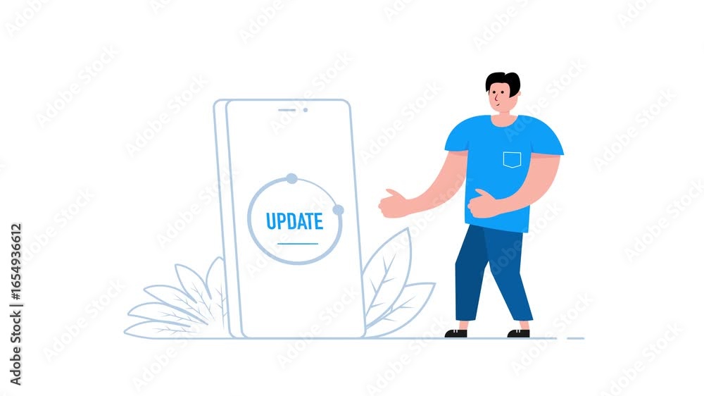 Poster software engineer updating smartphone app on white and green screen