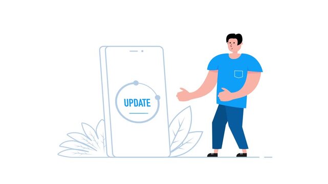 Software engineer updating smartphone app on white and green screen