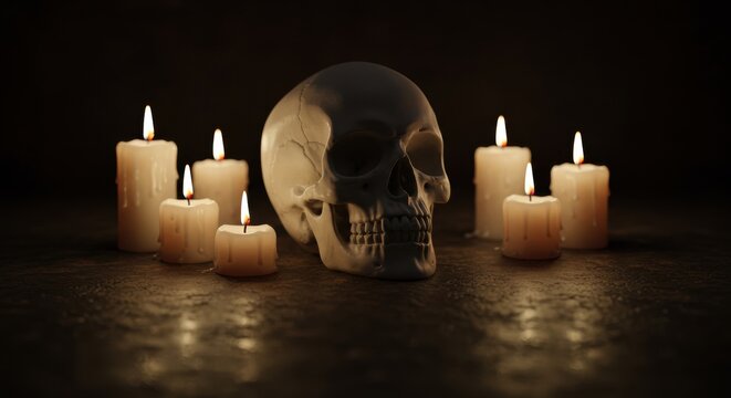 Mysterious skull illuminated by flickering candles creates a haunting, atmospheric scene for Halloween or gothic themes.