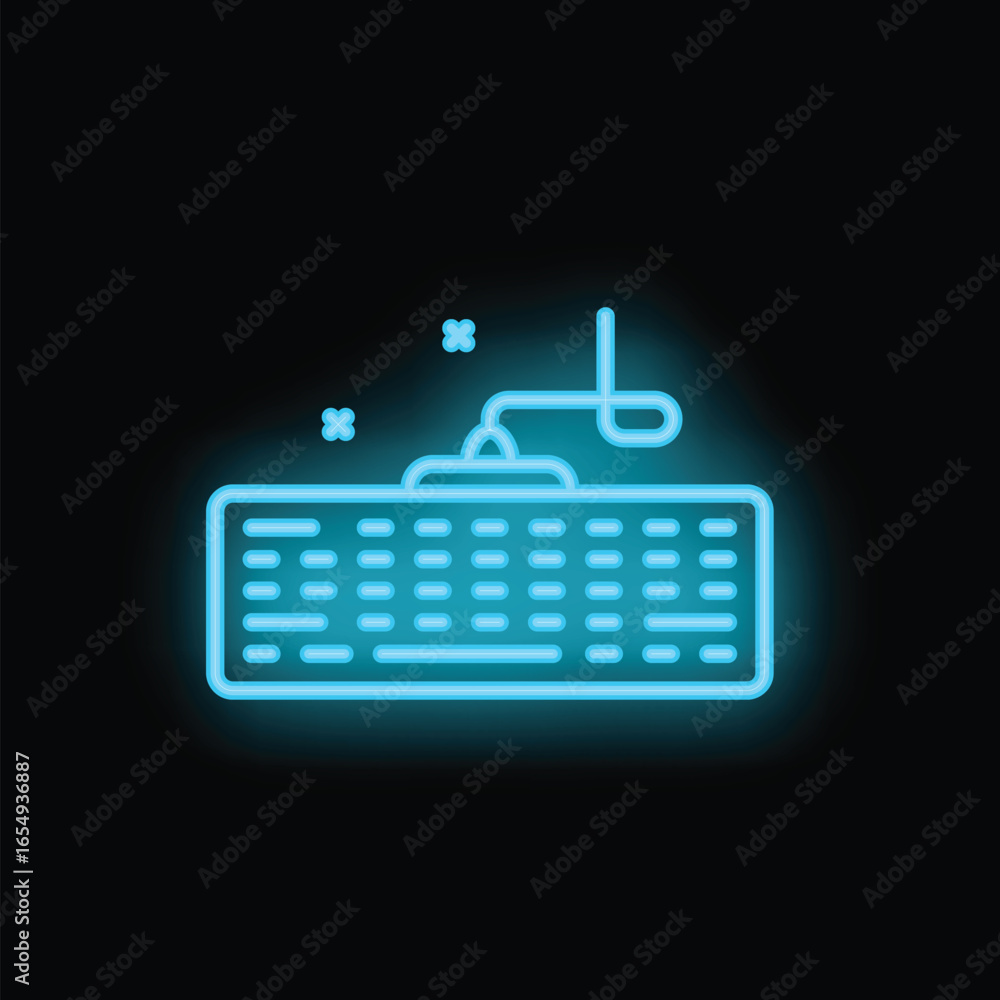 Poster glowing blue neon sign showing a computer keyboard and mouse for gaming or working
