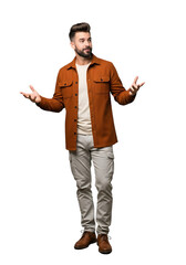 Fototapeta premium Man in casual shirt and jacket shrugging shoulders isolated on transparent background