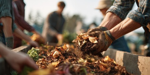 Hands Engaging in Composting Process with Fresh Organic Material in Community Garden During Sunny Day, Promoting Sustainability and Environmental Health