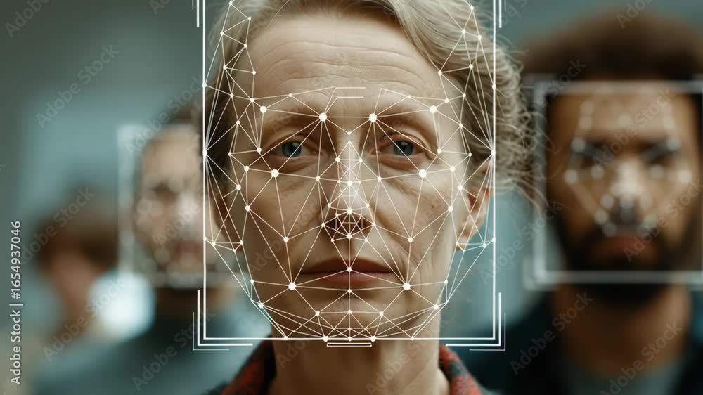 Poster group of people standing closely together in crowded area with facial recognition overlay evident on