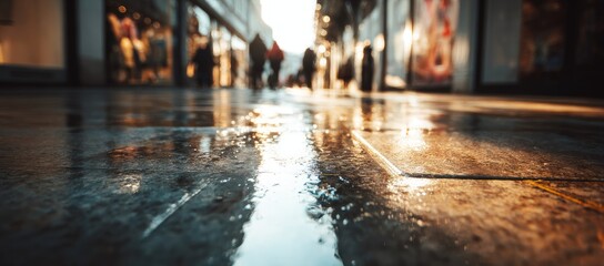 Fototapeta premium Wet city street pavement reflecting sunlight