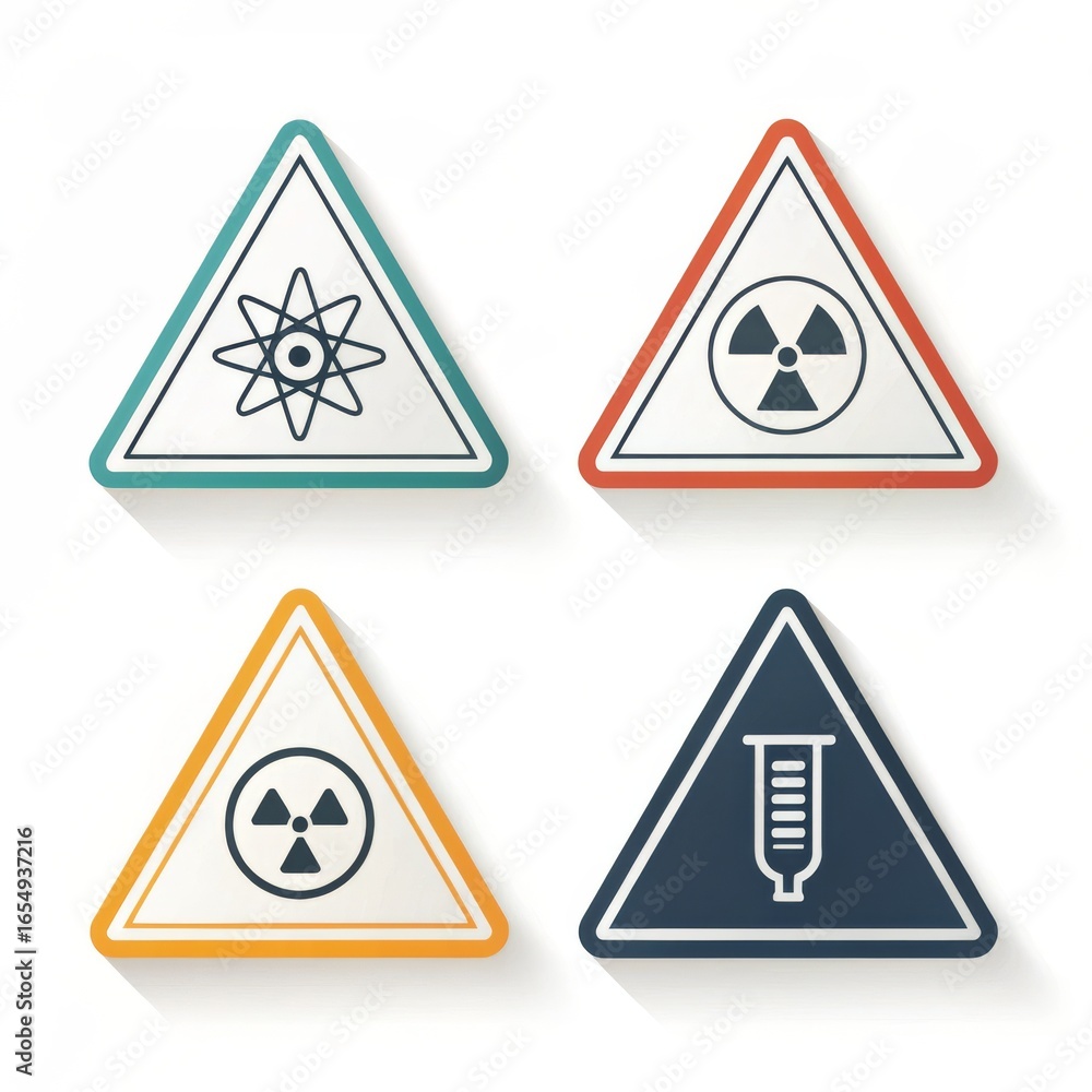 Poster four triangular warning signs with different hazard symbols on a white isolated background surface