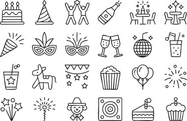 Fototapeta premium A collection of black and white line art party and celebration icons on a transparent background