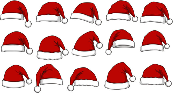 Santa Claus hat collection, Santa red hats with white fur, Winter cap, Christmas element, Vector illustration
