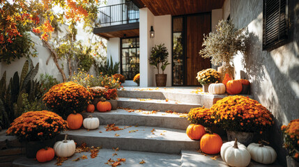 Pumpkins and autumn flowers on porch of a modern house 