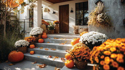 Pumpkins and autumn flowers on porch of a modern house 