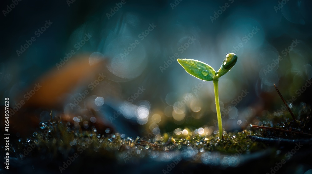 Poster tiny sprout emerging from earth in macro shot with dewdrops and bokeh background symbolizing growth 