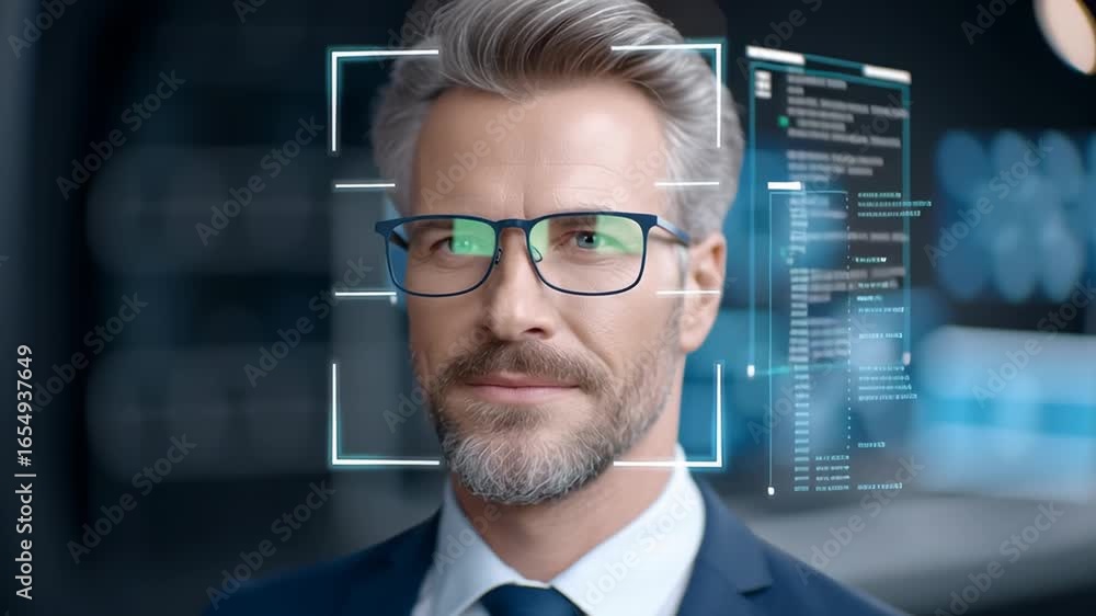 Aufkleber man looking at camera with confident smile in advanced tech lab setting. modern environment with dar