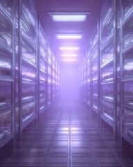 Indoor Vertical Farming Facility Rows of Shelves with Plants Growing Under Artificial Lights Perspective View