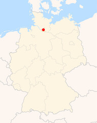 Locatormap of the city Hamburg in Germany. The city is marked with a red dot and the Bundesland is also highlighted. No labels at all.