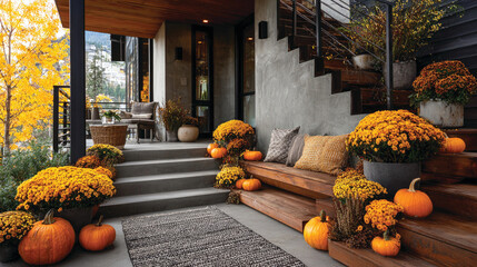 Pumpkins and autumn flowers on porch of a modern house 