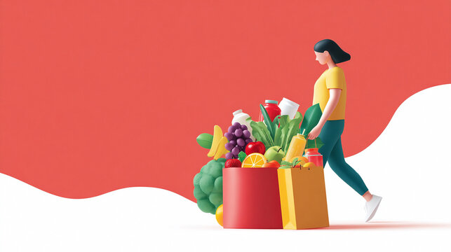 Stylized illustration of a woman carrying shopping bags filled with fresh groceries against a modern red background. Represents healthy lifestyle, shopping, and wellbeing. - Powered by Adobe