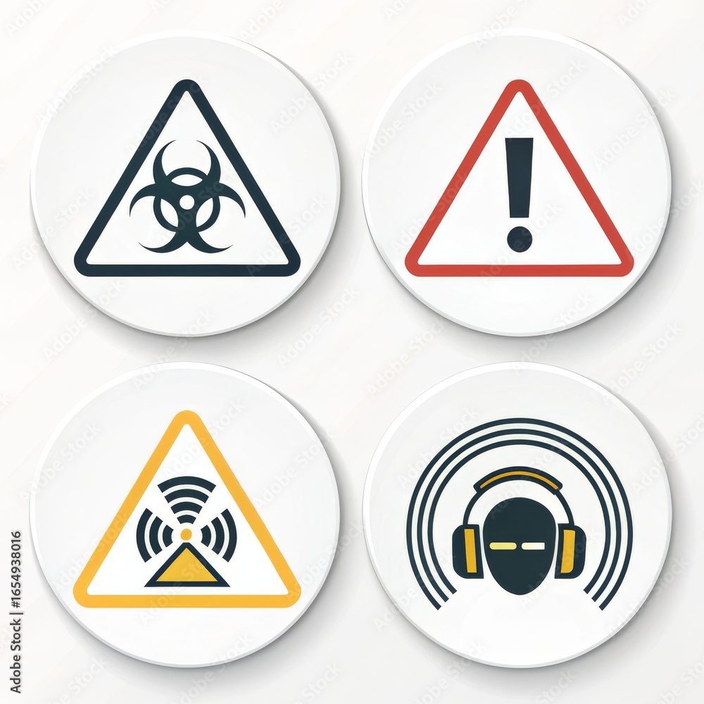 Poster a top down view of four circular signs with warning symbols on a white surface in a square arrangeme