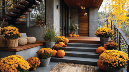 Pumpkins and autumn flowers on porch of a modern house 