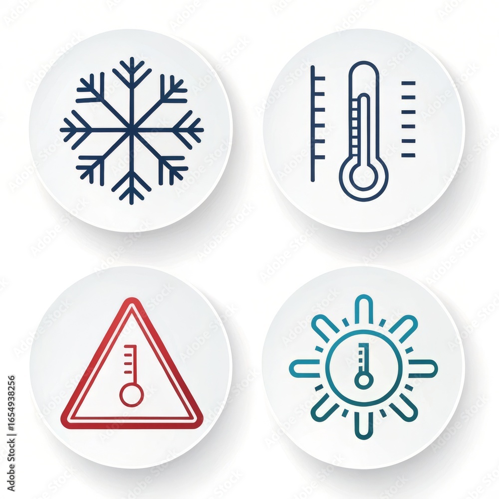 Poster four round icons displaying snowflake thermometer warning and sun with thermometer on white backgrou