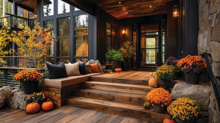 Pumpkins and autumn flowers on porch of a modern house 