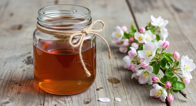 Glass jar of amber liquid beside spring blossoms on rustic wood