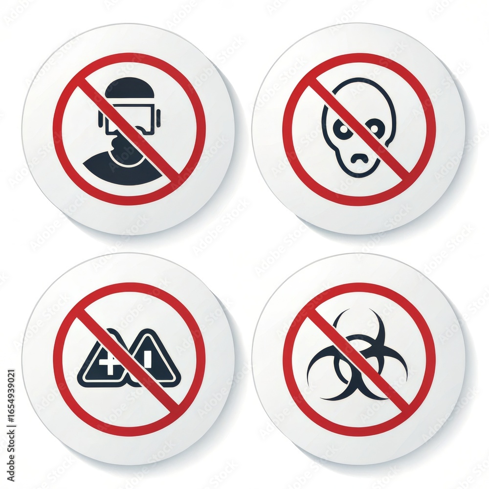 Poster a set of four round prohibition signs with different symbols on a white background in a studio shot
