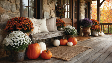 Pumpkins and autumn flowers on porch of a house 