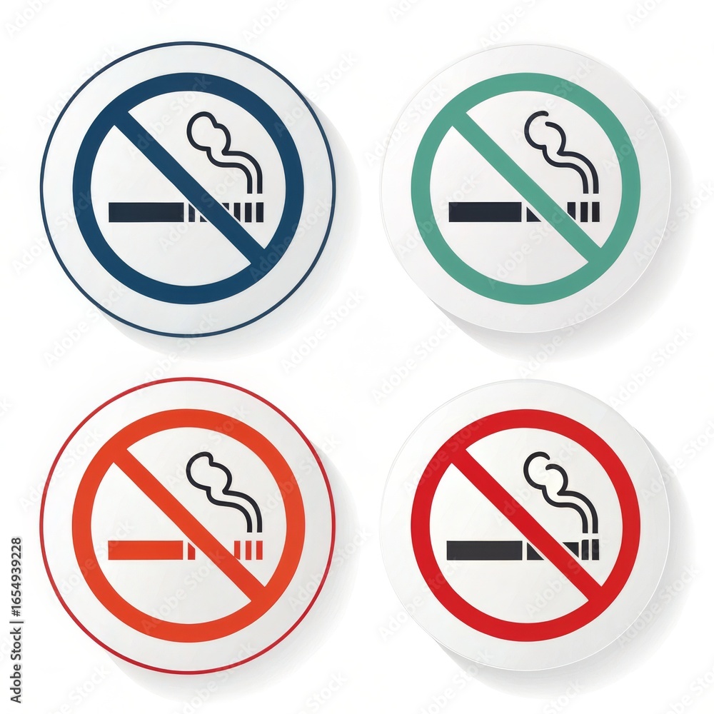 Poster four no smoking signs in different colors arranged on a white background in a square pattern