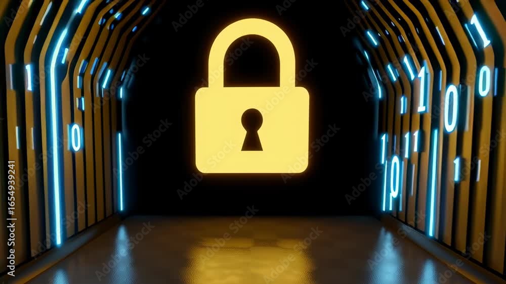 Poster visual of a dark tunnel illuminated with bright blue and orange lights highlighting a large padlock 