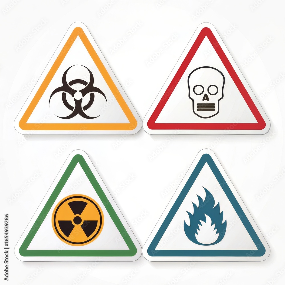 Poster a set of four triangular warning signs with different hazard symbols on a white isolated background