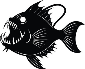 Black and White Illustration of a Deep Sea Anglerfish on white background