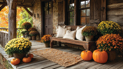 Pumpkins and autumn flowers on porch of a house 