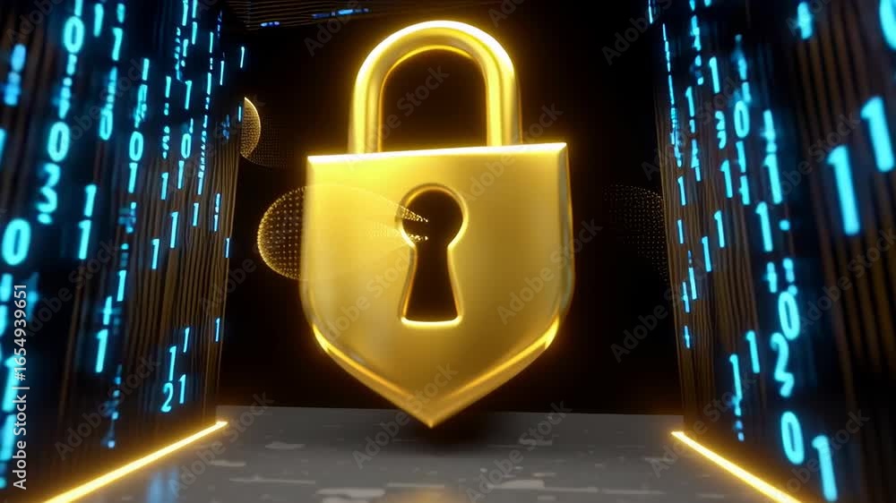 Poster bright blue data tunnel with glowing lock at center, representing digital security and encryption. c