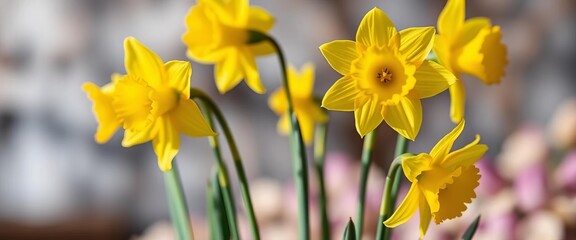 Obraz premium Close-up of vibrant yellow daffodils in full bloom against a soft spring background, daffodil, nature