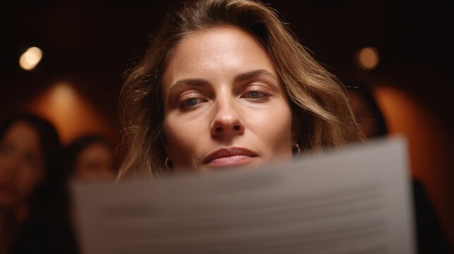 Close medium shot capturing a focused executive reviewing an ethics code document blurred team members seen behind in meeting room ambiance.