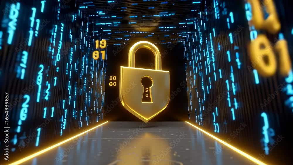 Poster glowing padlock appears within a digital data tunnel filled with binary code. futuristic setting wit