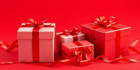 Obraz premium Elegant red gift boxes with red ribbons on red background, still life, marketing