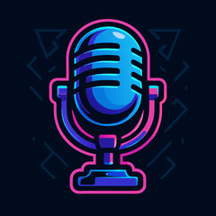 Retro Studio Microphone with Neon Outline on Dark Geometric Background, Vintage Broadcast Equipment