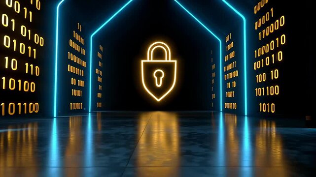 Glowing rows of binary code create tunnel effect leading to lock symbol representing data security. Futuristic setting in digital landscape