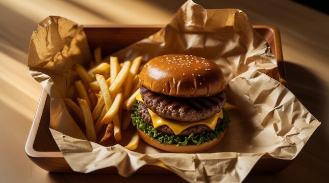 Minimalist food composition featuring a parchment-wrapped hamburger and fries on a wooden tray, blending fast food with eco-conscious packaging and bento-inspired design 