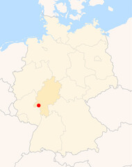 Locatormap of the city Wiesbaden (Hessen) in Germany. The city is marked with a red dot and the Bundesland is also highlighted. No labels at all.