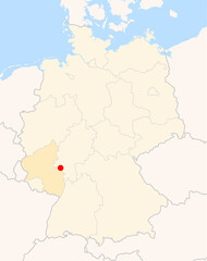 Locatormap of the city Mainz (Rheinland-Pfalz) in Germany. The city is marked with a red dot and the Bundesland is also highlighted. No labels at all.