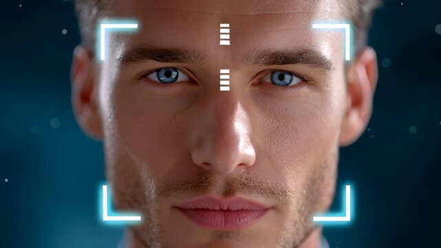 Man with blue eyes looks at camera in focus surrounded by a teal-blue digital background. The setting conveys modern technology and innovation. Concept of technology, security, digital solutions