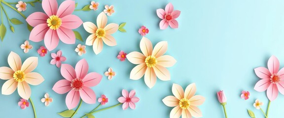 Obraz premium Delicate paper cut flowers, pastel blue backdrop, ample copy space, decoration, romantic