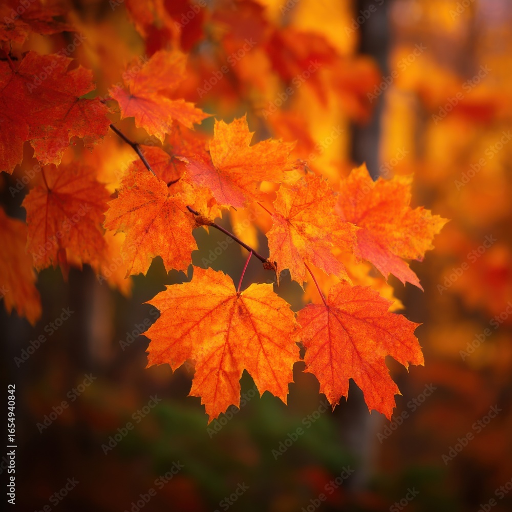Poster close up of vibrant orange maple leaves on a branch in autumn forest setting with soft focus backgro