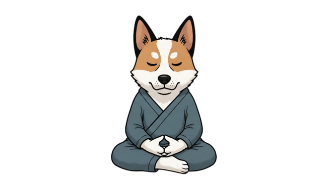 Cartoon corgi dog meditating in zen pose isolated on transparent background