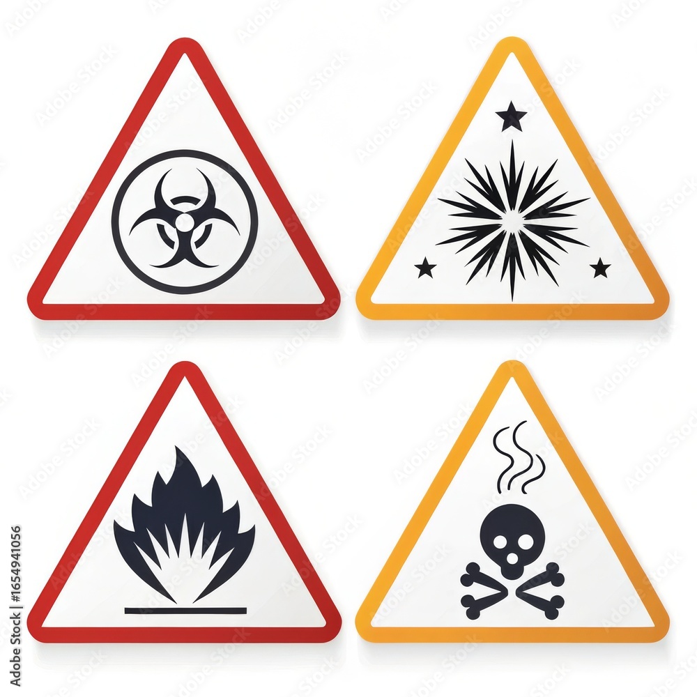 Poster four warning signs displayed showing biohazard laser fire and poison in a triangular shape design