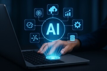 Fototapeta premium Digital Laptop with Glowing AI Projection