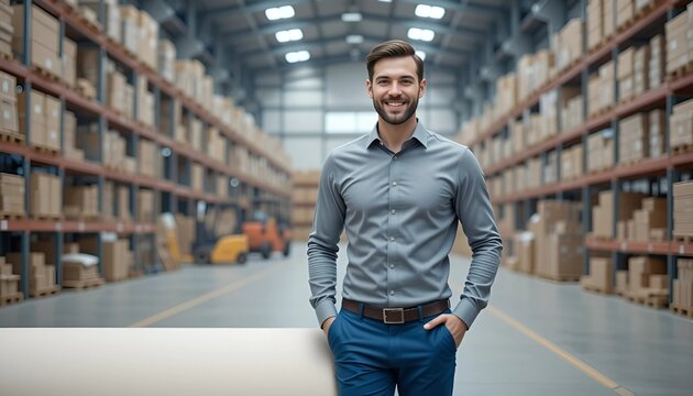 Happy Male Manager Standing in a Modern Warehouse | Logistics and Supply Chain