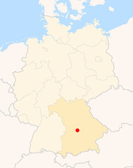 Locatormap of the city Ingolstadt (Bayern) in Germany. The city is marked with a red dot and the Bundesland is also highlighted. No labels at all.