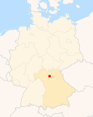 Locatormap of the city Bamberg (Bayern) in Germany. The city is marked with a red dot and the Bundesland is also highlighted. No labels at all.
